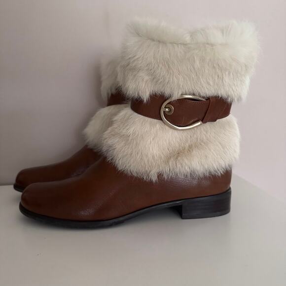 Stuart Weitzman Brown Leather Fur Cuff Lined Buckle Boots 7.5 - Picture 12 of 12
